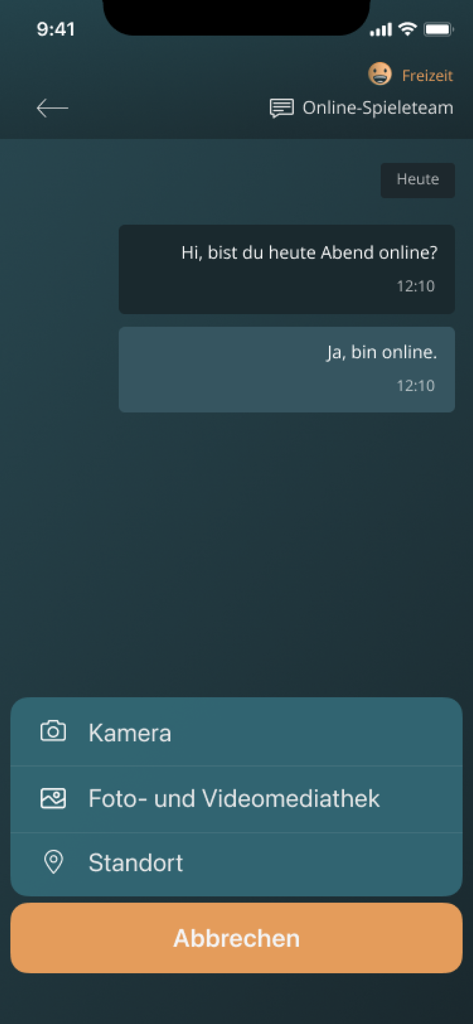 Chat interface of Closer App showing a messaging conversation and a menu to share photos, videos, or location.