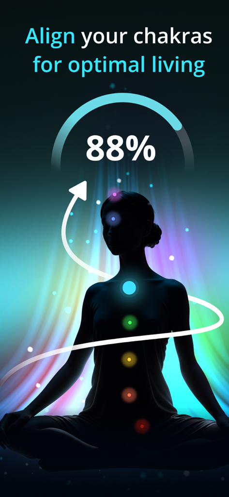 Slowdive | Meditation & Mantra - Slowdive app interface featuring a meditating silhouette with glowing chakra points and a progress percentage indicator