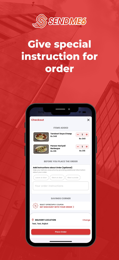 Sendme6 - Pantalla de pago de la aplicación Sendme6 que muestra opciones para agregar instrucciones de entrega especiales para un pedido de comida.