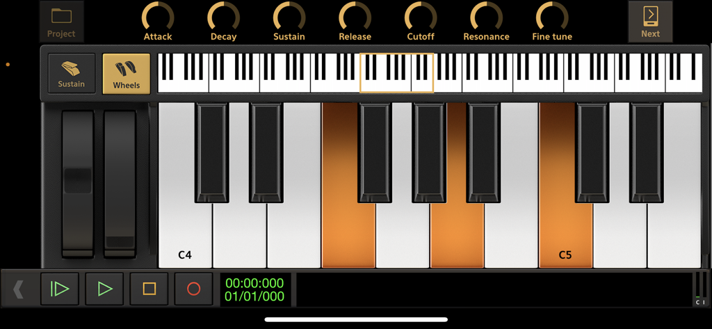 Virtual piano keyboard interface with synthesizer controls and modulation wheels in Audio Evolution Mobile Studio.