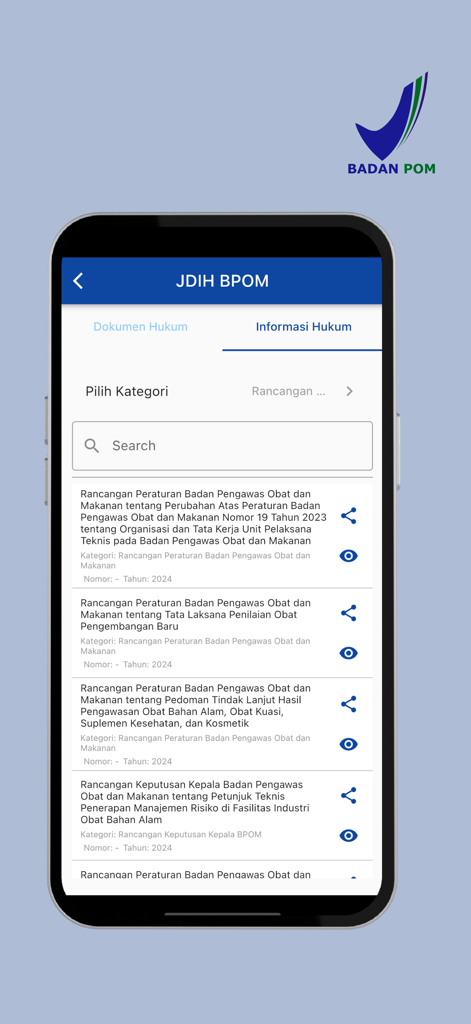 BPOMモバイルアプリの法的情報画面。医薬品および食品管理に関する規制案のリストが表示されています。