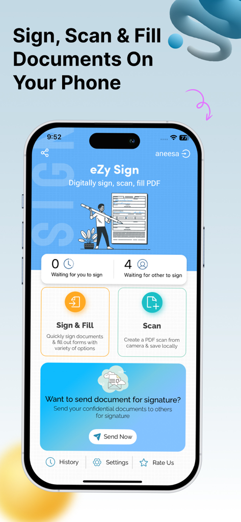 Dashboard of eZy Sign app showing digital signature and document scanning features