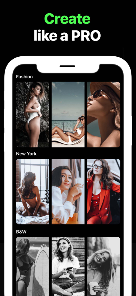 Mobile app interface displaying Lightroom preset categories for Fashion New York and Black and White photography.