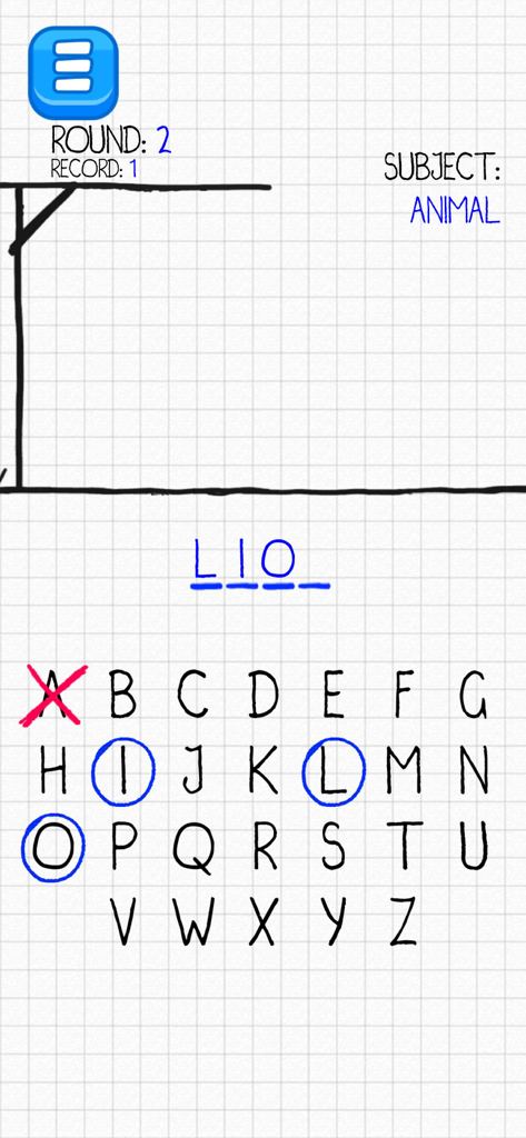 Pastimes - 30 Mini Games - Interface of a hangman game in the Pastimes app featuring a simple hand-drawn design on grid paper