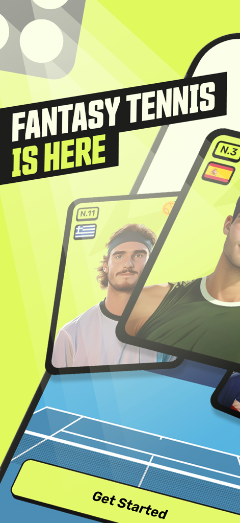 Ace Cream - Fantasy Tennis - Welcome screen of the Ace Cream Fantasy Tennis app featuring player cards and a Get Started button