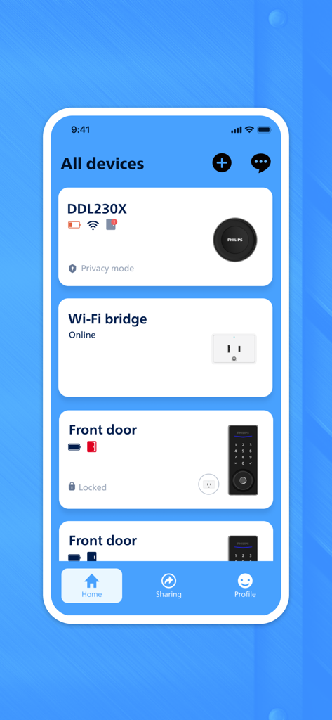 Vue du tableau de bord de l'application Philips Home Access affichant une liste d'appareils intelligents connectés, y compris une serrure intelligente et un pont Wi-Fi.