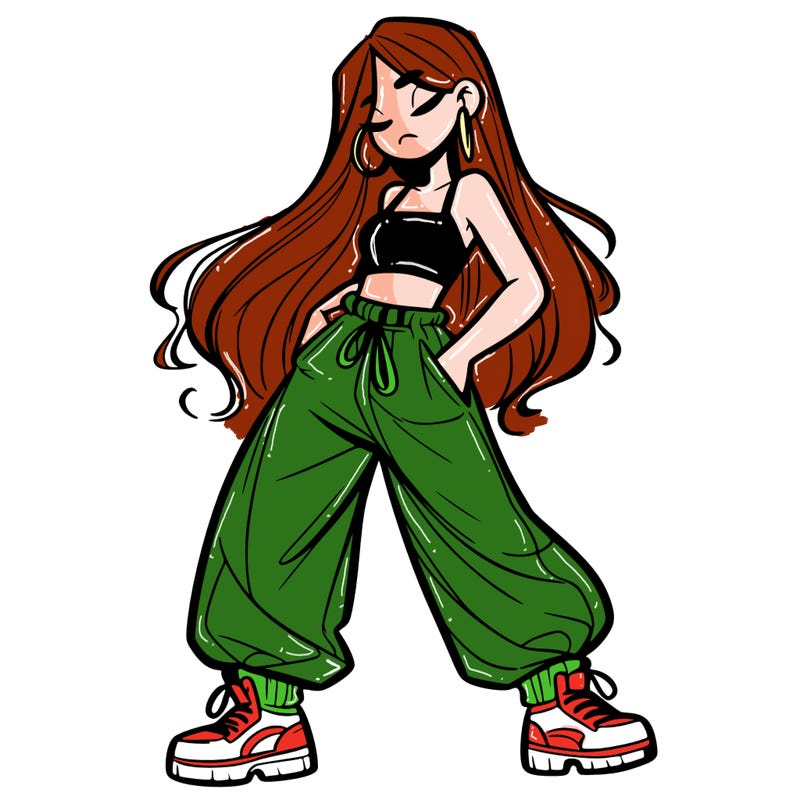 girl in baggy pants crop top and long hair