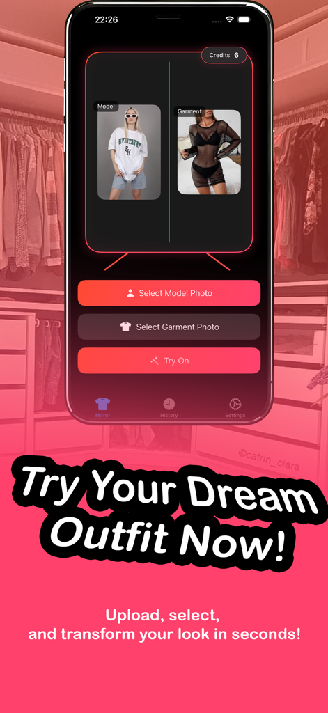 AI Clothes Changer - Try On - Interfaz de la aplicación AI Clothes Changer que muestra una función de prueba virtual con modelo y selección de prenda