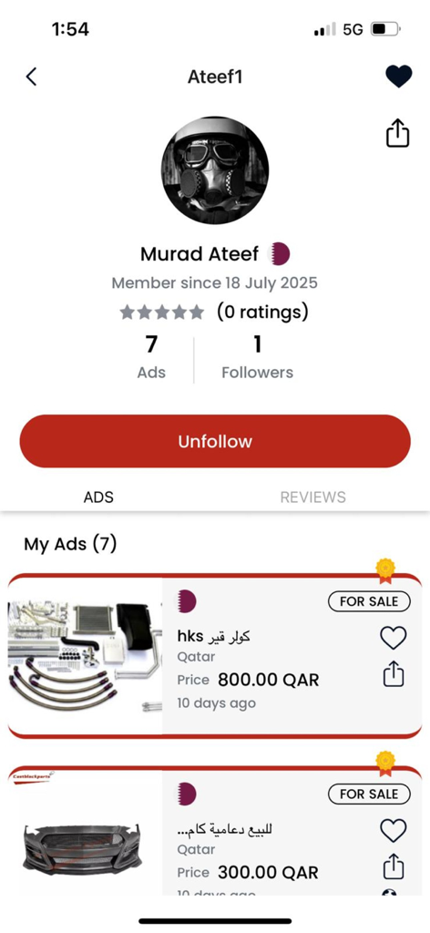 User profile on the Rev Automotive app showing car parts listed for sale in Qatar.