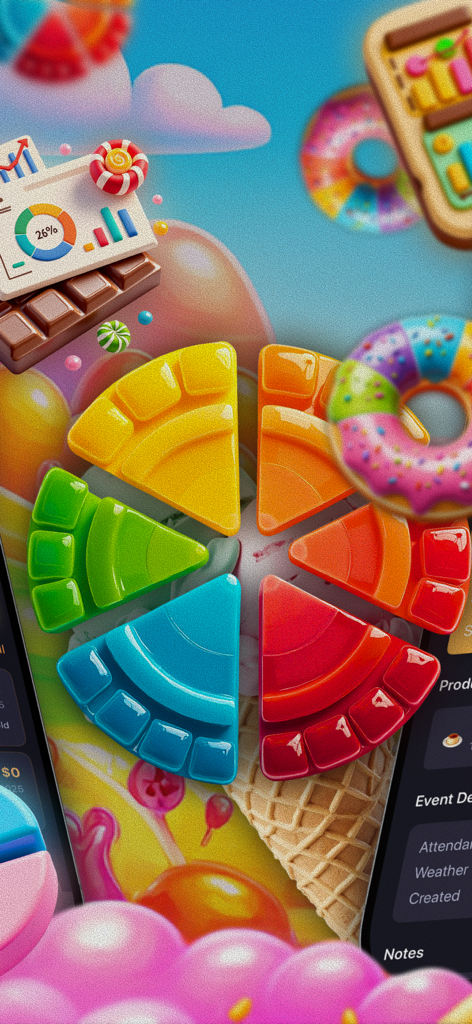 Colorful 3D illustration combining sweets like donuts and cake with business analytics charts