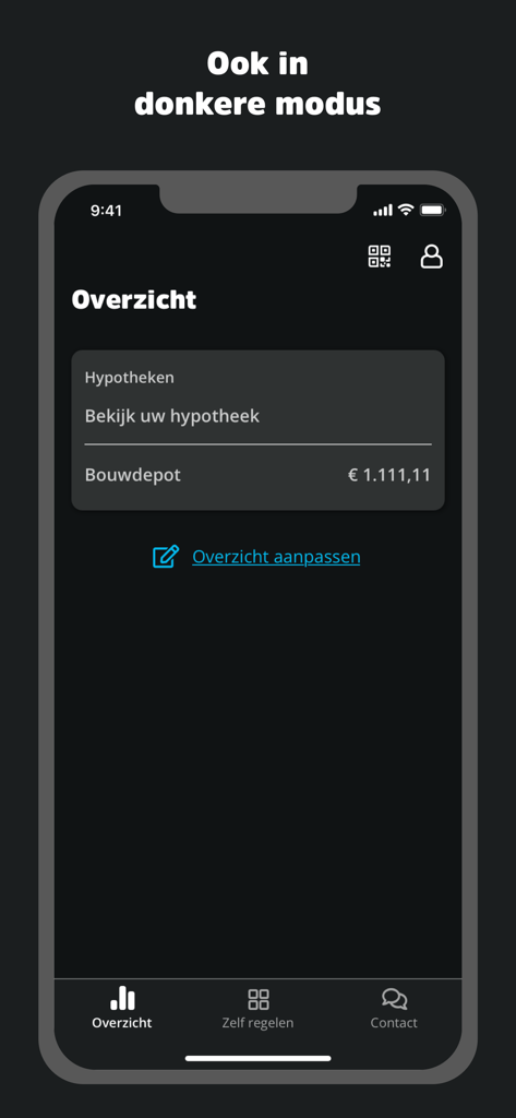 Pantalla de resumen de la hipoteca y depósito de construcción de la aplicación móvil BLG Wonen en modo oscuro