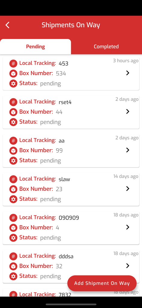 Shipments tracking screen in ZMC Express Cargo app showing pending deliveries
