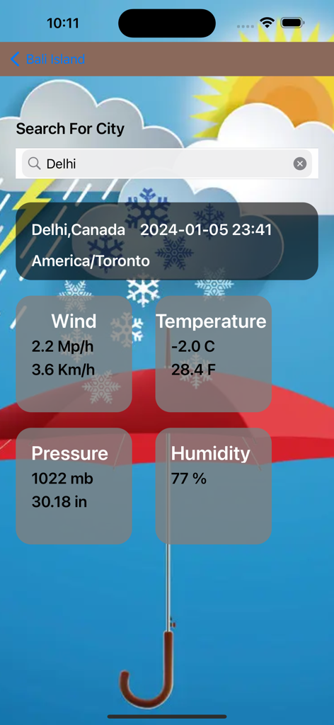 Weather report feature displaying wind speed temperature and humidity for travelers