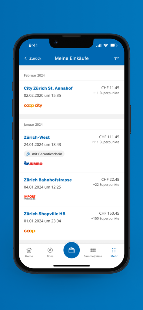 Ecrã do telemóvel mostrando o histórico de compras e os pontos de recompensa na aplicação Supercard