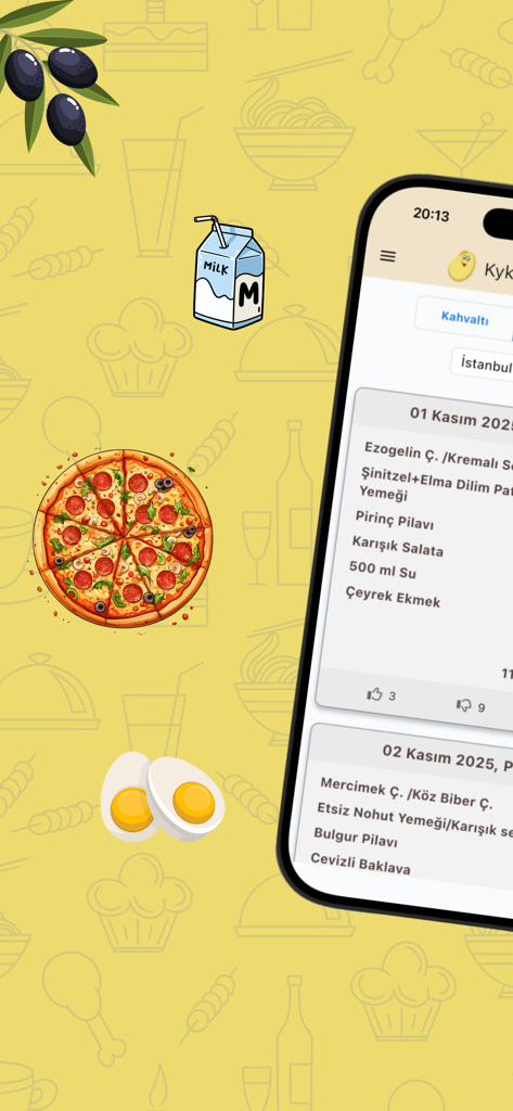 Kykyemek - Yurt Yemek Menüleri - Kykyemek mobile app displaying dormitory meal lists with student voting features