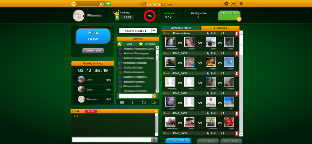 The main lobby interface of the King of Hearts card game app featuring table selection and player rankings
