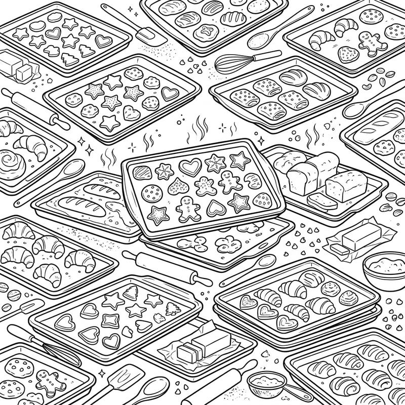 Unleash your inner pastry chef with this delightful coloring page, brimming with an assortment of baking sheets, cookies, and croissants. It's a perfect treat for anyone who loves the art of baking and creative expression.
