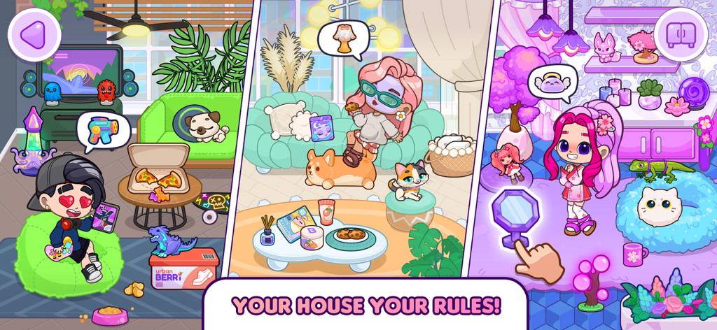 Dopples World - Three scenes showing customized rooms and characters in Dopples World with the text Your House Your Rules.