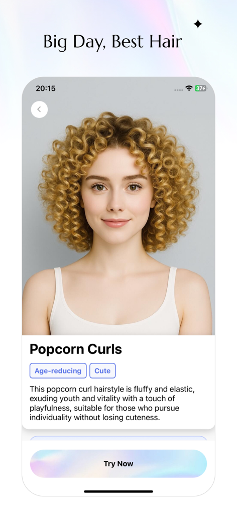 Interfaz de la aplicación HairX AI que muestra una vista previa virtual de una mujer con rizos 'popcorn' rubios y un botón de prueba ahora.