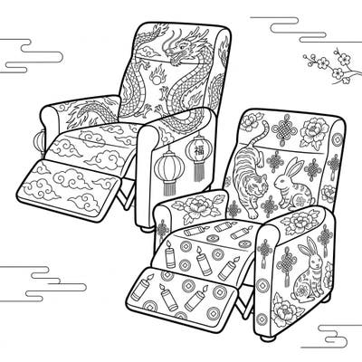 Unwind with our unique Lunar New Year recliners coloring page, blending comfort with festive celebration. Discover intricate designs featuring dragons, zodiac animals, and traditional symbols, perfect for a relaxing artistic session.