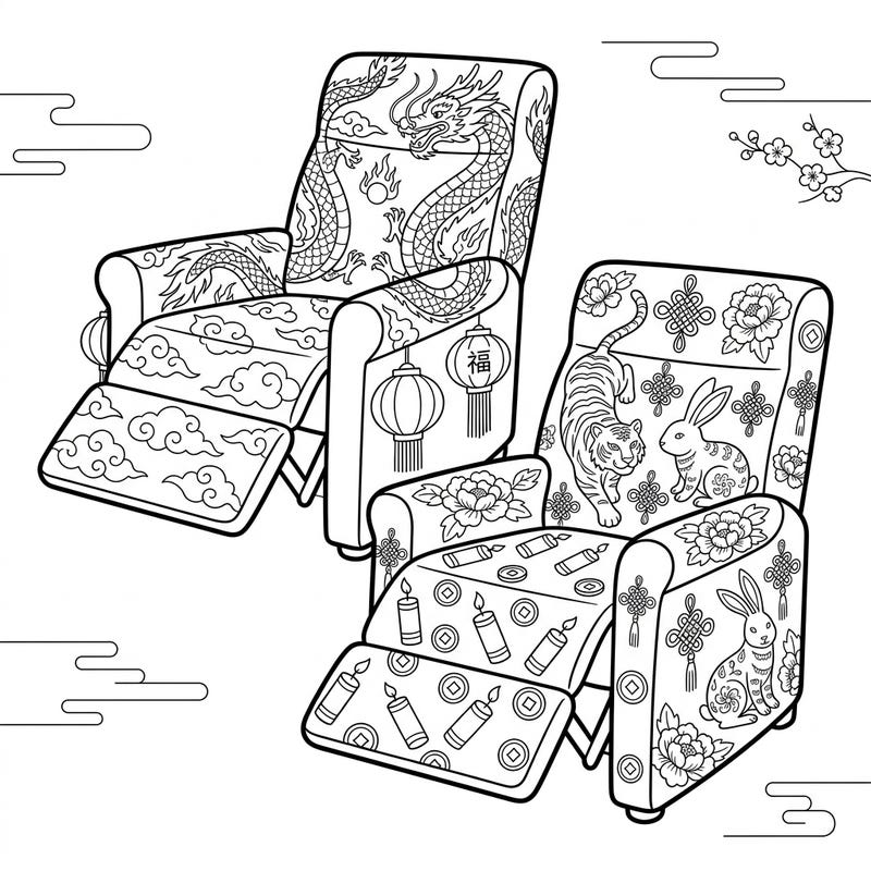 Unwind with our unique Lunar New Year recliners coloring page, blending comfort with festive celebration. Discover intricate designs featuring dragons, zodiac animals, and traditional symbols, perfect for a relaxing artistic session.