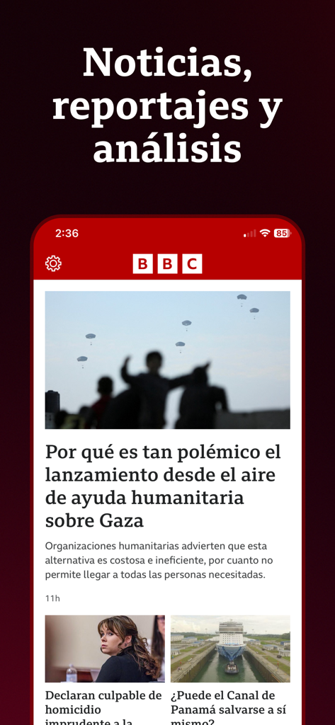 BBC Mundo - Interface do aplicativo móvel BBC Mundo exibindo manchetes e análises de notícias internacionais em espanhol
