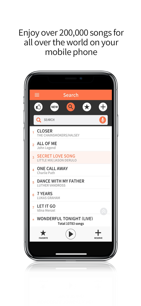 Smartphone screen showing the Magicsing Karaoke app song search interface with a list of popular tracks