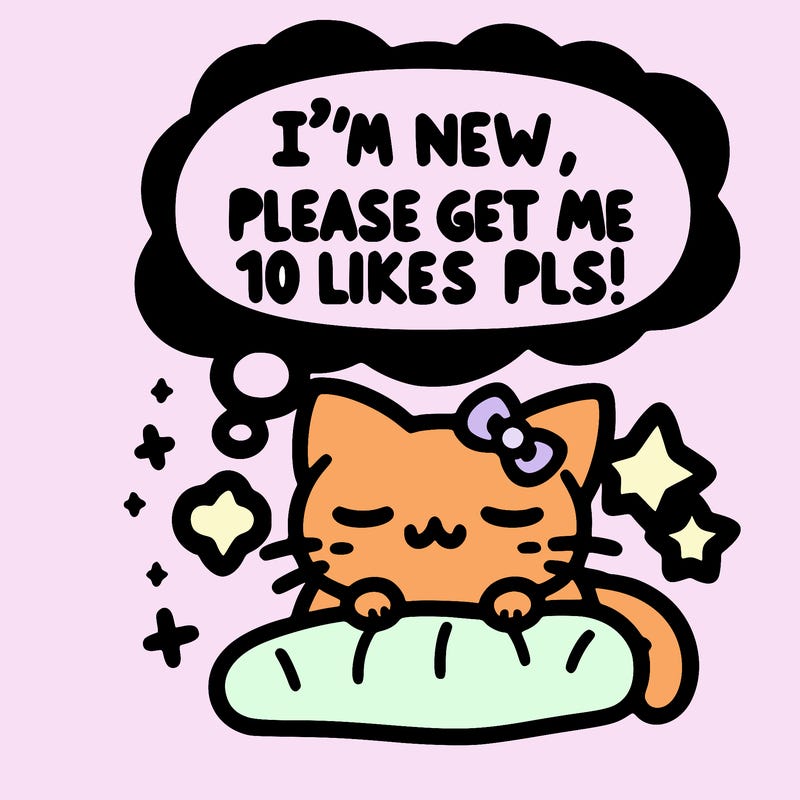 kitty taking a nap dream talking and saying "i'm new, please get me at least 10 likes pls!!"