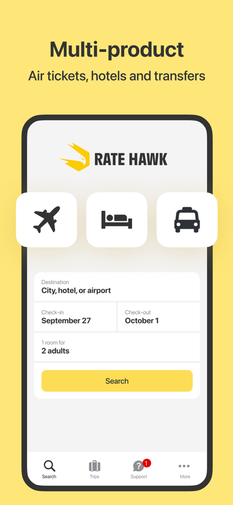 RateHawk: Hotel Booking - Interfaccia dell'app mobile RateHawk che mostra la ricerca multi-prodotto per biglietti aerei, hotel e trasferimenti