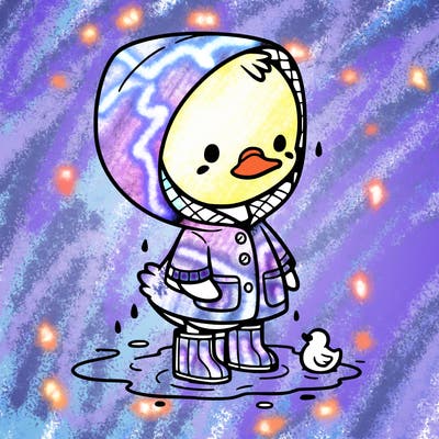 baby duck in a rain coat and boots, in a puddle while it’s raining