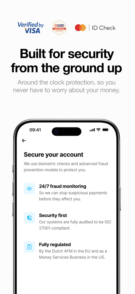 Interfaz de la aplicación Sling Money mostrando monitoreo de fraude 24/7, cumplimiento de ISO 27001 y regulaciones financieras en EE. UU. y la UE.