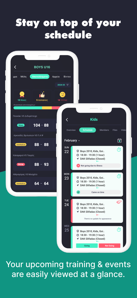 my-Team App - Zwei Handybildschirme, die die Benutzeroberfläche der my-Team App mit Sportteam-Spielplänen und Spielergebnissen zeigen