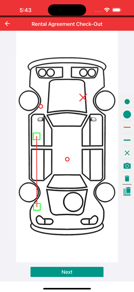 Interfaz para marcar daños en un vehículo en un diagrama de automóvil durante el pago del alquiler.
