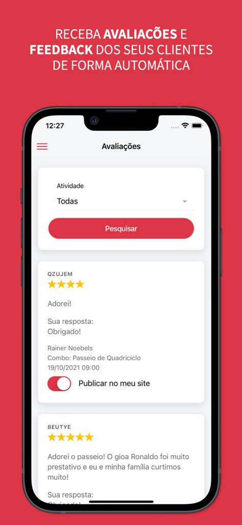 mymento - Interfaz de la aplicación mymento que muestra reseñas y comentarios de clientes con una opción para publicarlos en un sitio web.