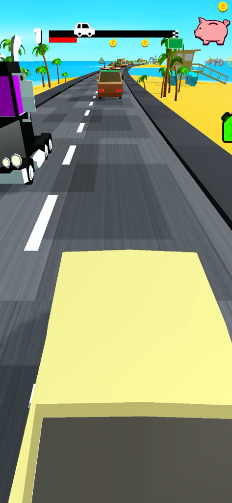 OverTake - Une voiture jaune roulant sur une route côtière tropicale dans le jeu mobile OverTake