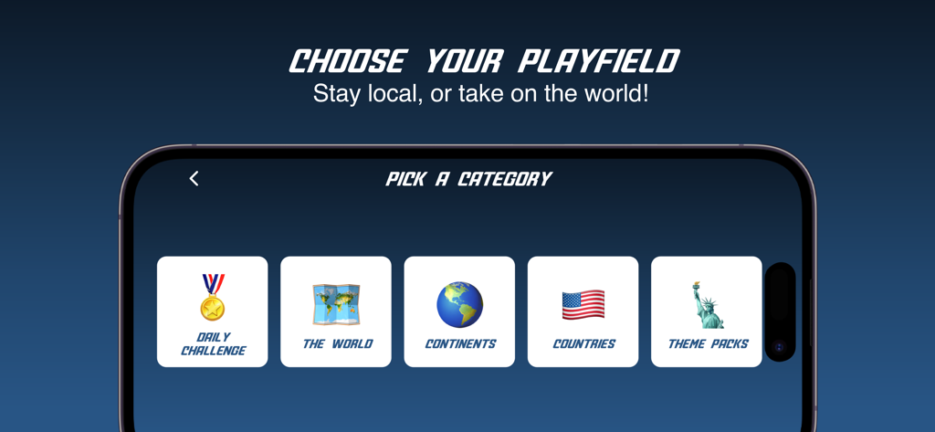 Guess the Spot - GeoGuess Game - Menú de selección de categorías en el juego móvil Adivina el Lugar mostrando varios modos de juego.