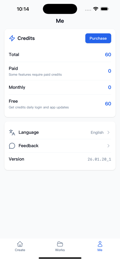 Viku AI app profile screen showing credit balance and app settings
