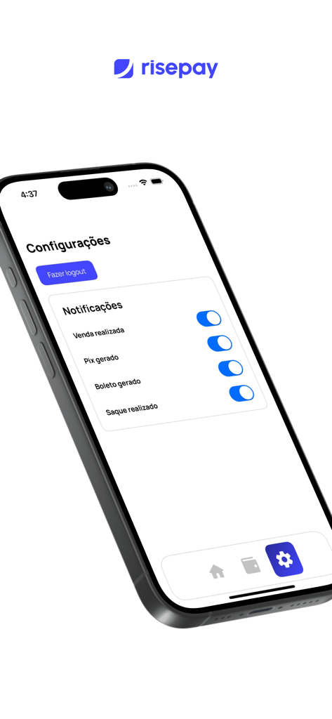 RisePay - Interface de configurações do aplicativo RisePay mostrando opções de notificação para vendas e pagamentos em um iPhone.