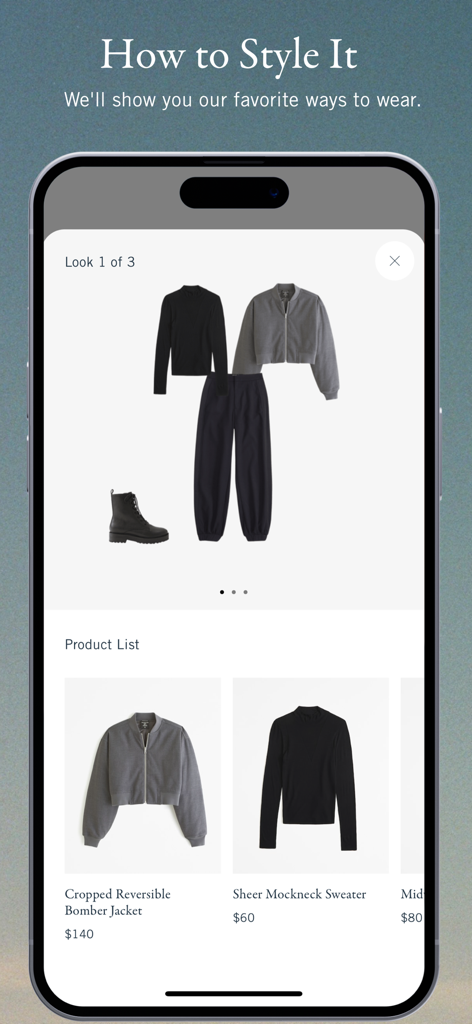 Abercrombie & Fitch - Abercrombie and Fitch mobile app interface showing the How to Style It feature with a curated outfit and product list