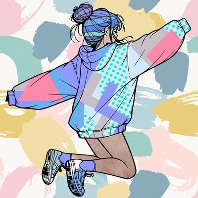 realistic girl jumping with a bun and oversized sweatshirt