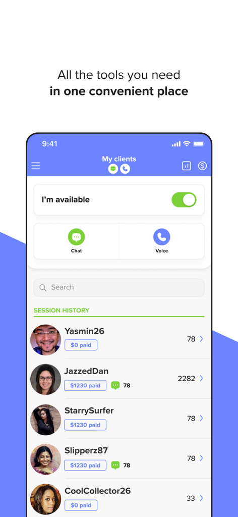 Application Kasamba Advisors montrant le tableau de bord mes clients avec l'historique des sessions et le bouton de basculement de la disponibilité.