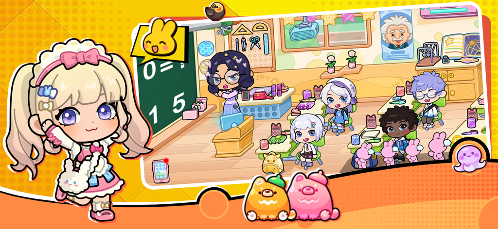 Tut World：Home Town Builder - A school classroom with cute cartoon characters and a teacher in Tut World Home Town Builder.