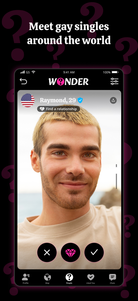 Wonder: Global Dating for Gays - Wonder gay dating app interface showing a verified profile of a man named Raymond looking for a relationship.