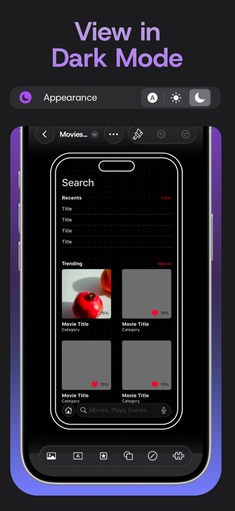 Dark mode mobile app UI design mockup on an iPhone screen within the Mockup app