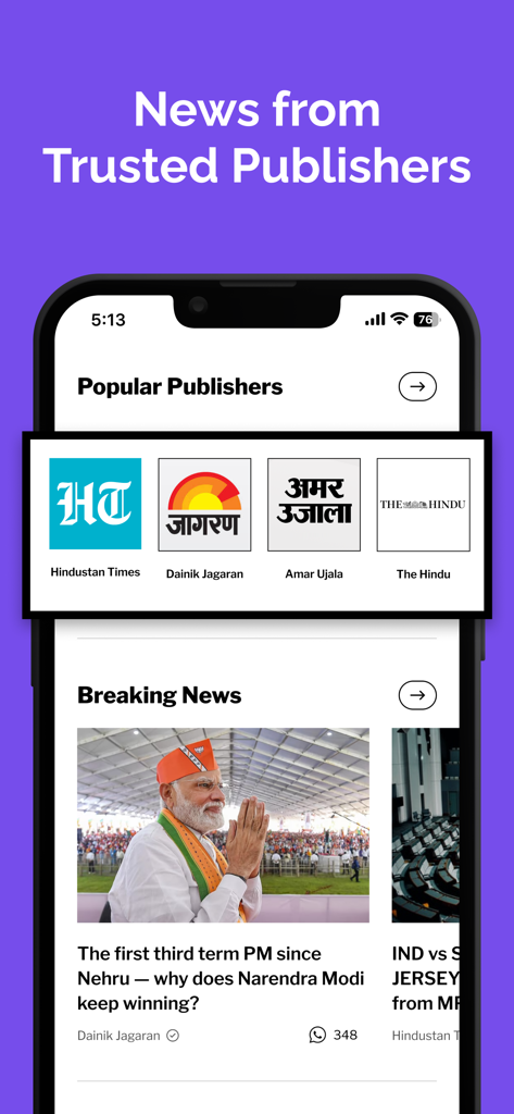 Dailyhunt app screen featuring popular Indian news publishers and breaking news headlines