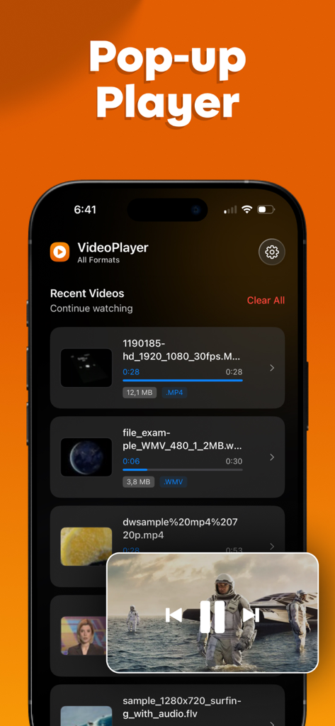 Écran d'iPhone montrant l'application Lecteur Vidéo avec une fenêtre pop-up lisant une vidéo par-dessus la liste des fichiers récents.