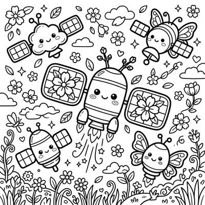 Get ready for an out-of-this-world coloring adventure with our adorable Kawaii satellites! This delightful page blends futuristic fun with the fresh beauty of a blooming spring garden, perfect for a joyful artistic escape.