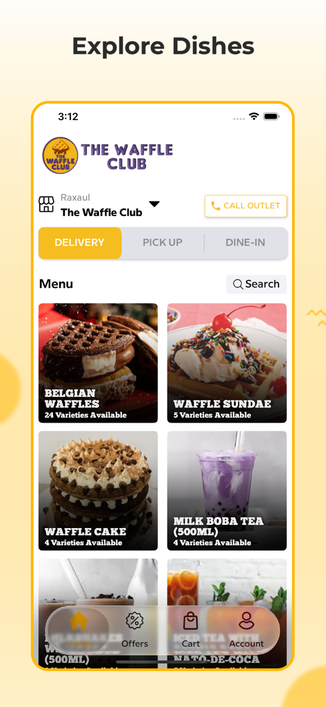 The Waffle Club - Interfaz de la aplicación móvil The Waffle Club que muestra un menú de waffles y té de burbujas de leche con opciones de envío y recogida.