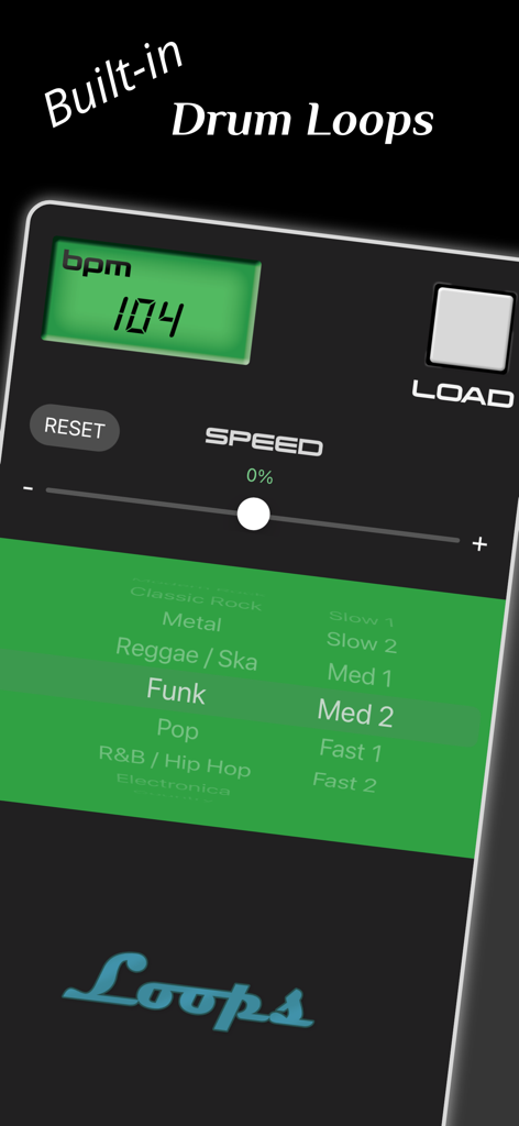 StudioMini - Music Recorder - StudioMini app screen showing built-in drum loops selection with BPM and genre options