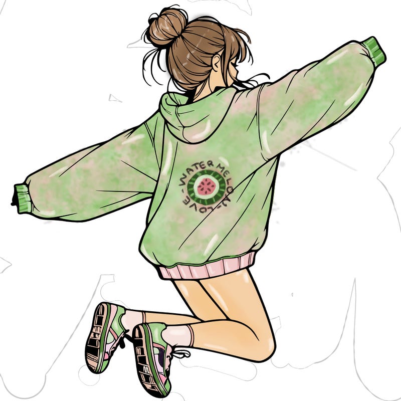 realistic girl jumping with a bun and oversized sweatshirt